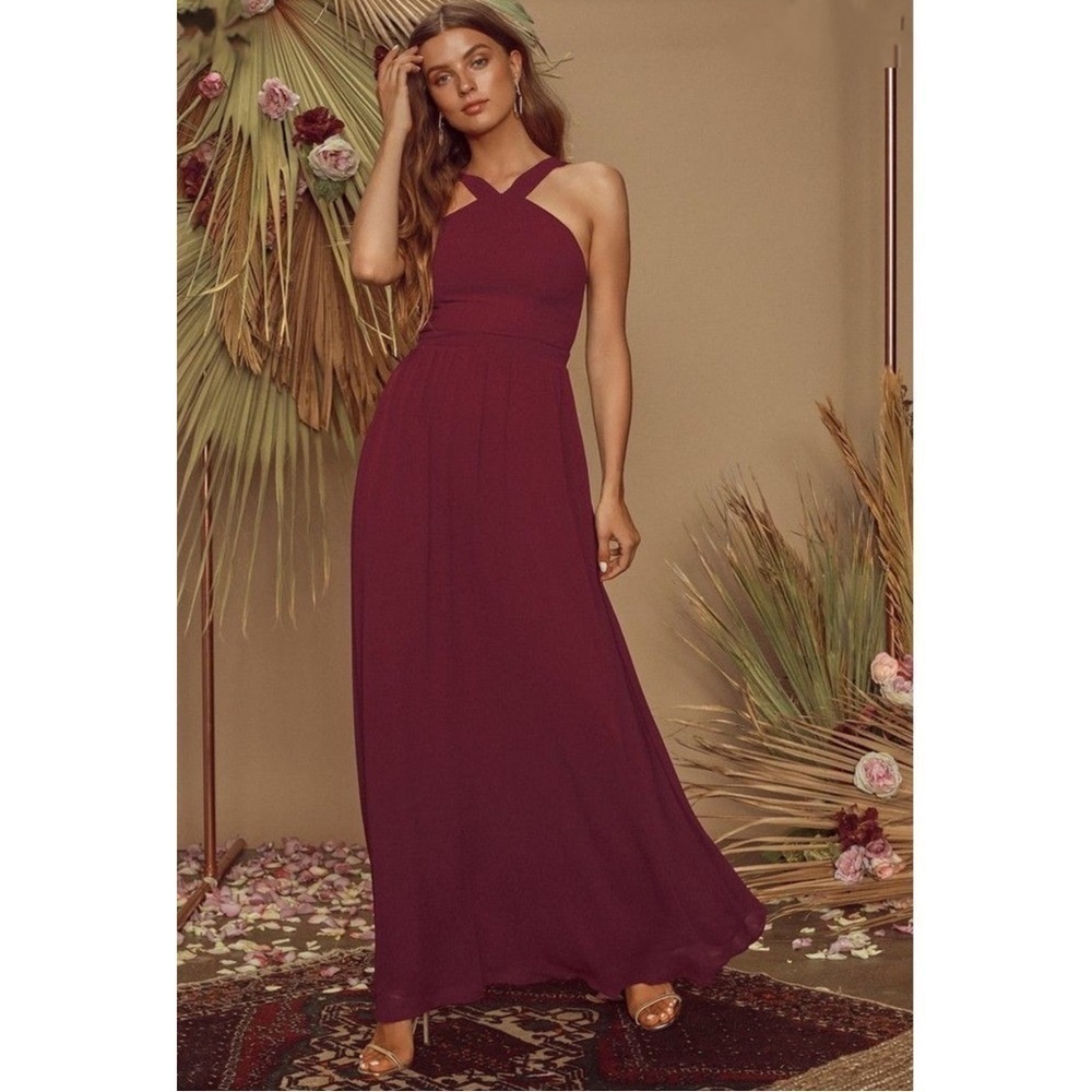 LULU’S Air of Romance Maxi Dress Burgundy Size Medium Chiffon NWT